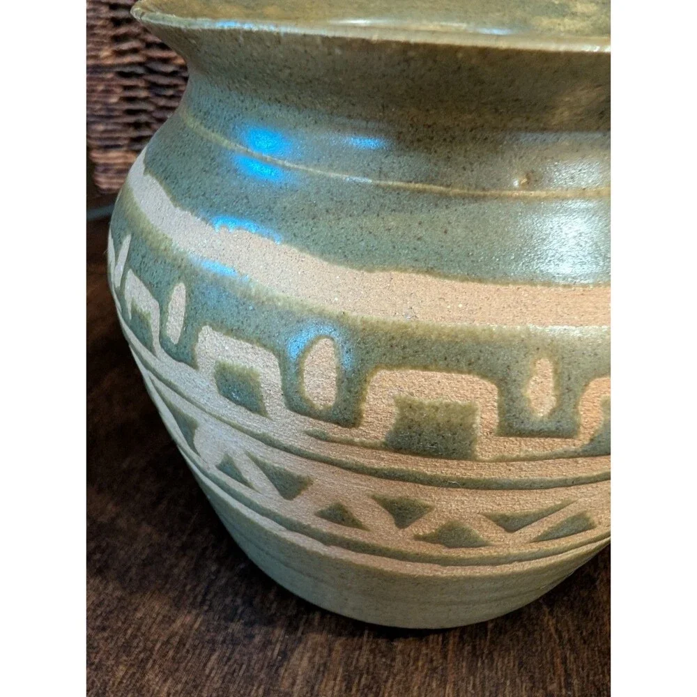 Art Pottery Vase Artist Signed Glaze over Clay Green Aztec Boho Southwestern